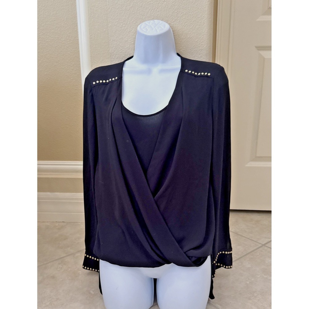 Vintage Y2K Cache Black Sheer Long Sleeve Gold Studded Blouse whimsygoth Career‎